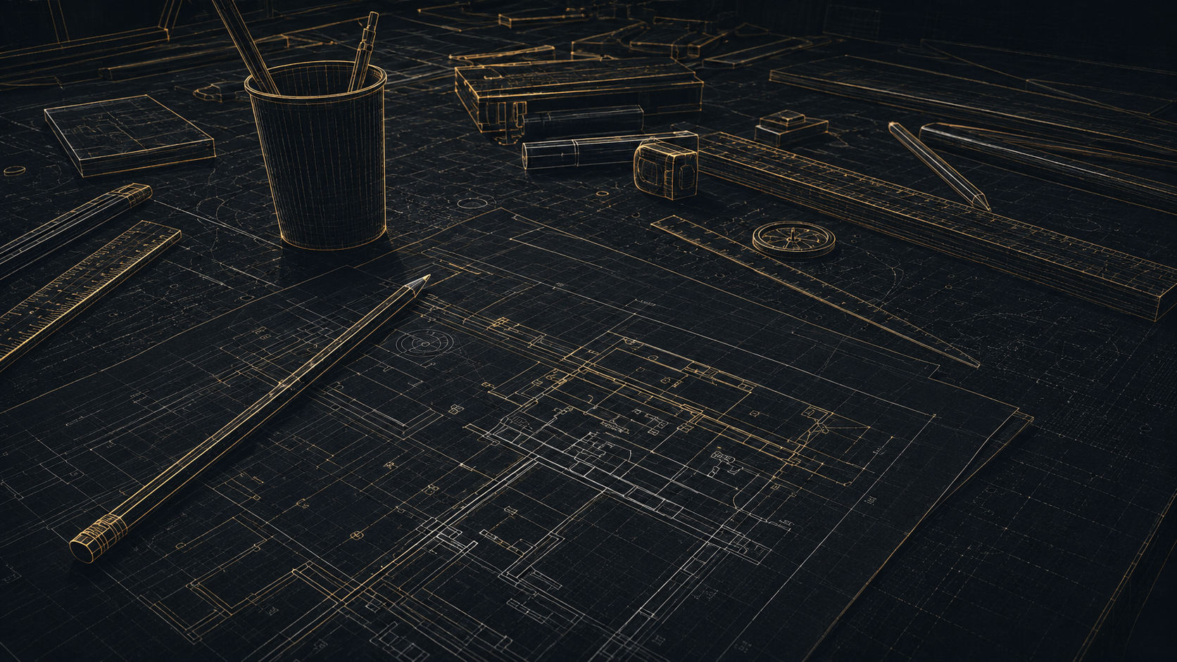 A blueprint and drafting tools laid out on a desk